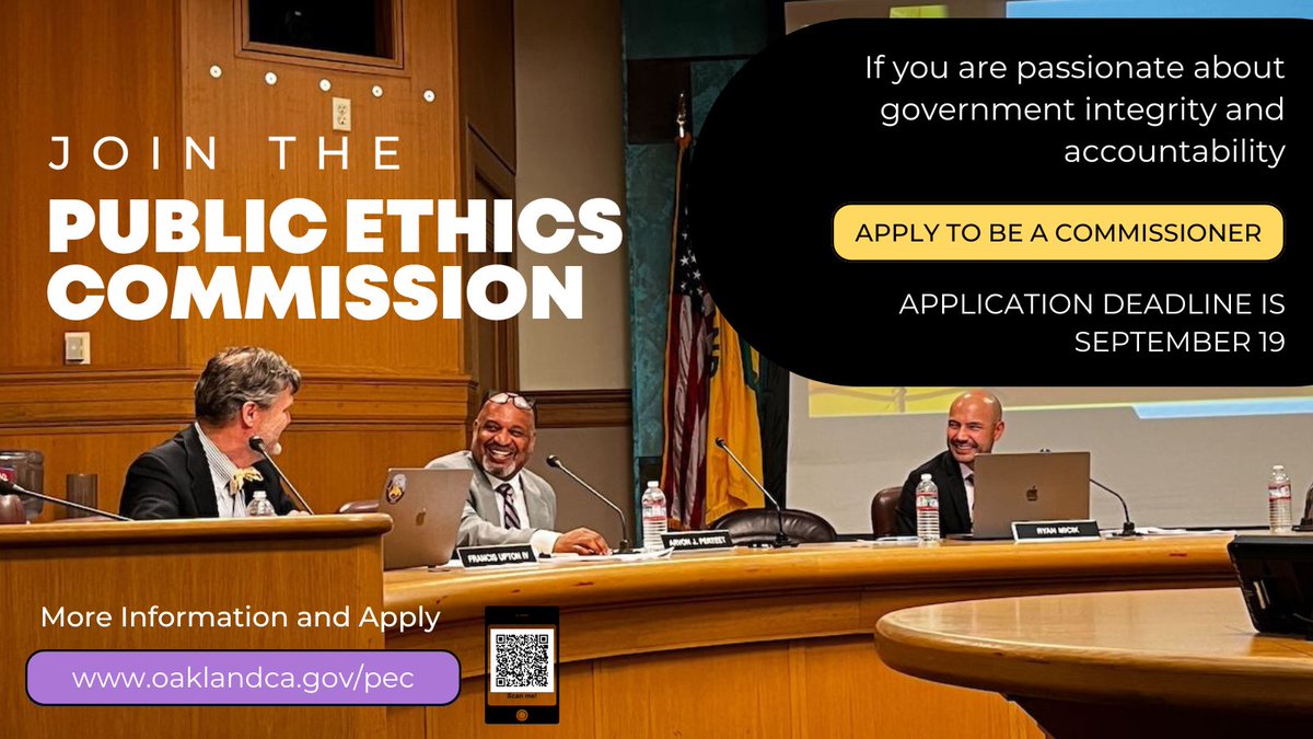 The City of Oakland Public Ethics Commission (PEC) is now accepting applications to fill two upcoming vacancies! Help us spread the word!  

Learn more here: tinyurl.com/p4rfpeah