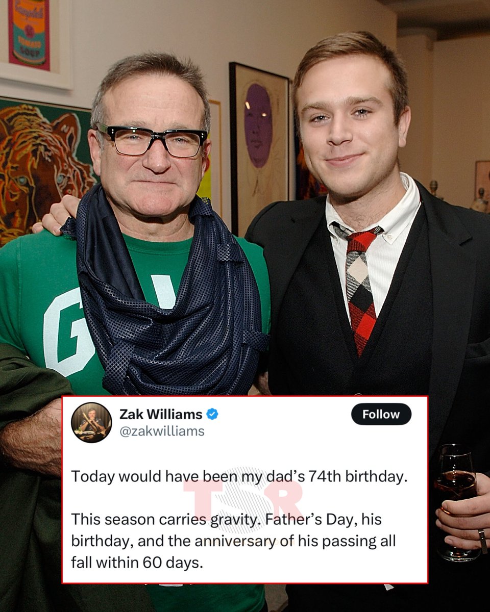 TheShadeRoom's tweet image. Zachary Williams shared a heartfelt tribute to his late father, Robin Williams, who would’ve turned 74 yesterday. 🕊️❤️ (📸: @GettyImages) ✍🏾: #TSRStaffLG