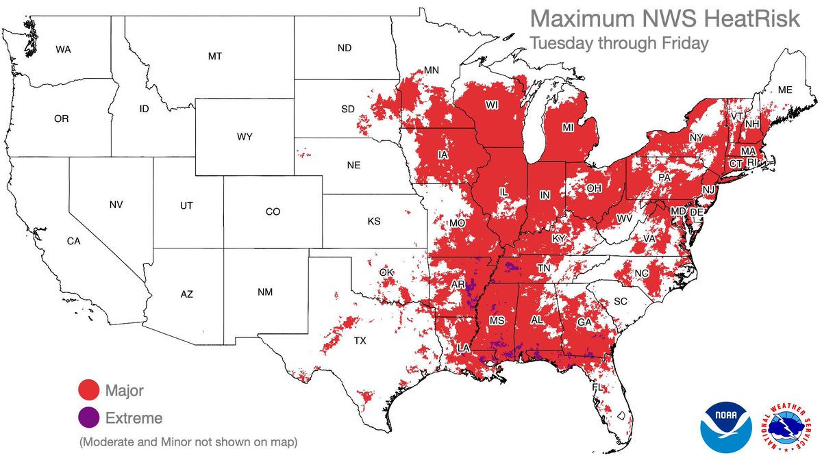 NWS's tweet image. Dangerous, prolonged heat is expected across portions of the Central and Southeast U.S. through the end of July. Widespread Major to locally Extreme HeatRisk is expected, especially over the Mid-Mississippi, Lower Ohio Valleys, and the Mid South.
During hot and humid weather,…