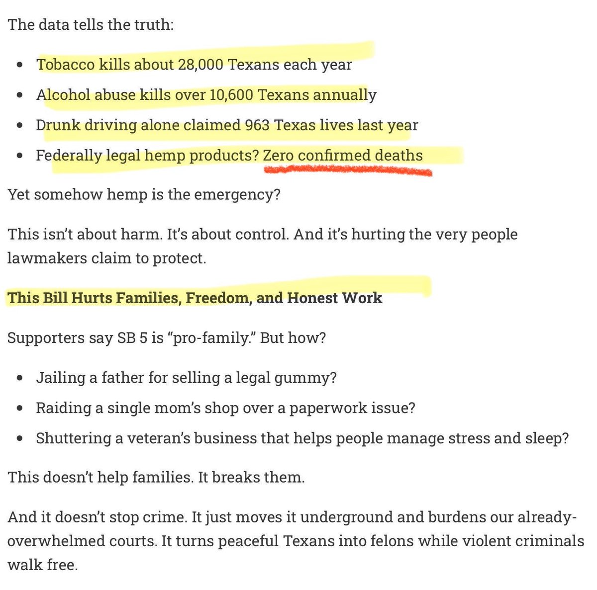 The Texas Senate is now hearing their bill to ban hemp (again), SB5.🤦‍♂️

Why does the Austin swamp keep trying to turn Texas into a nanny state and ban things Trump protected like hemp and vapes?

The government is not your parent!

I will continue fighting for liberty.

Excerpt