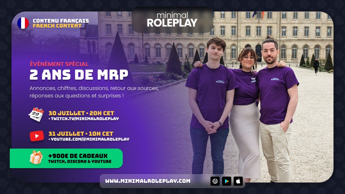🎉 MRP is turning 2 and we're celebrating LIVE!!!
📅 07.30.25 - 20H CET
📍 Twitch (then VOD on YouTube)
💬 Community talks, exclusive reveals, MRP Year 2 recap
🎁 €900+ in gifts
Don’t miss it💜

🎉 MRP fête ses 2 ans en live !!!
📍 Twitch (puis VOD sur YouTube)
🗓️ Mercredi 30