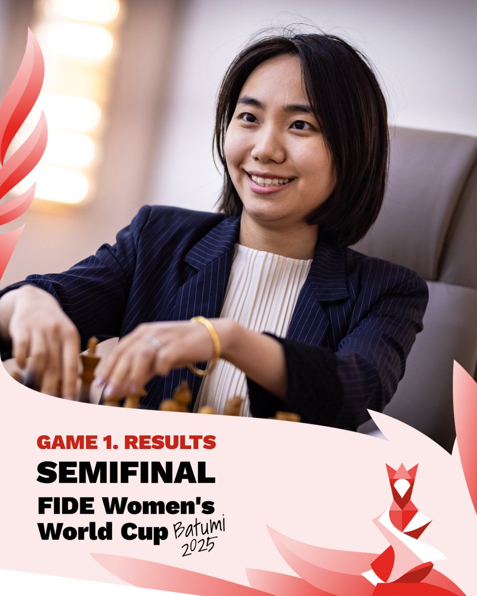 FIDE_chess's tweet image. Results - Semifinals - Game 1
🇨🇳 Lei Tingjie ½-½ Humpy Koneru 🇮🇳
🇨🇳 Tan Zhongyi ½-½ Divya Deshmukh 🇮🇳
♟️ 2025 FIDE Women’s World Cup 🏆
#FIDEWorldCup