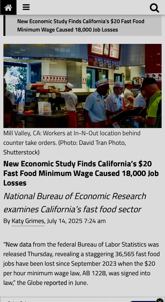 DavidAsmanfox's tweet image. What’s better: a low-wage starting job or no job at all? California just found out: 18,000 fast-food jobs lost after imposition of a $20 minimum wage. We’ve seen this many times before. How many more “experiments” do we need in places like NY when the evidence is already in?