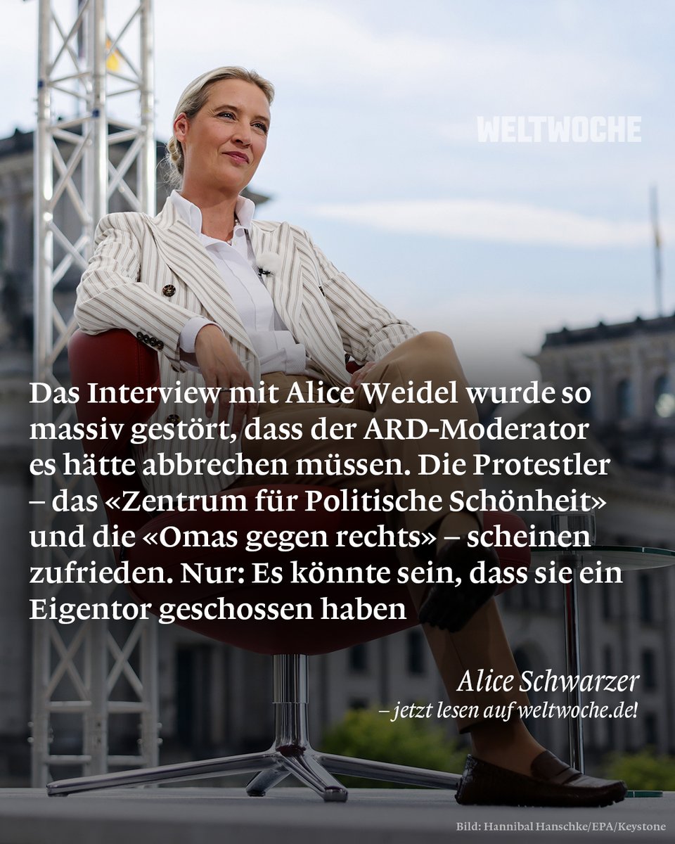 Weltwoche's tweet image. Das Interview mit Alice Weidel wurde so massiv gestört, dass der ARD-Moderator es hätte abbrechen müssen. Die Protestler – das «Zentrum für Politische Schönheit» und die «Omas gegen rechts» – scheinen zufrieden. Nur: Es könnte sein, dass sie ein Eigentor geschossen haben 🔗 Hier…