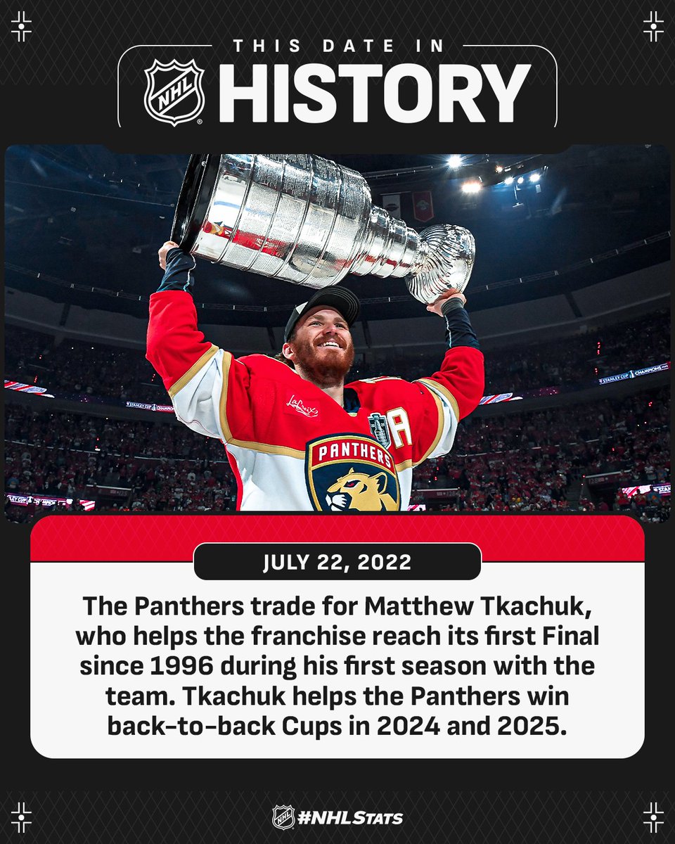 NHLPR's tweet image. THIS DATE IN 2022: The @FlaPanthers acquire Matthew Tkachuk from the Flames in exchange for a return that includes Jonathan Huberdeau and MacKenzie Weegar. #NHLStats