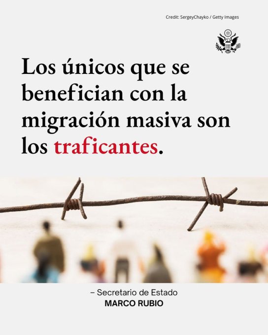 USembassyMadrid's tweet image. “No hay nada humanitario ni compasivo en la migración masiva. Los únicos que se benefician con la migración masiva son los traficantes." —Secretario Rubio. #SecuringUSBorders