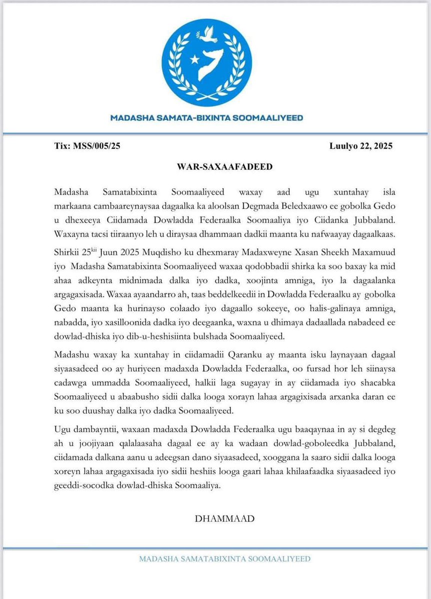 Alisaahid's tweet image. Madasha mucaaradka Dowlada Federaalka ayaa garab istaagay Jubaland waxayna Dowlada Federaalka ugu baaqeen inay dulaanka joojiso isla markaana ka shaqayso nabada iyo midnimada Dalka