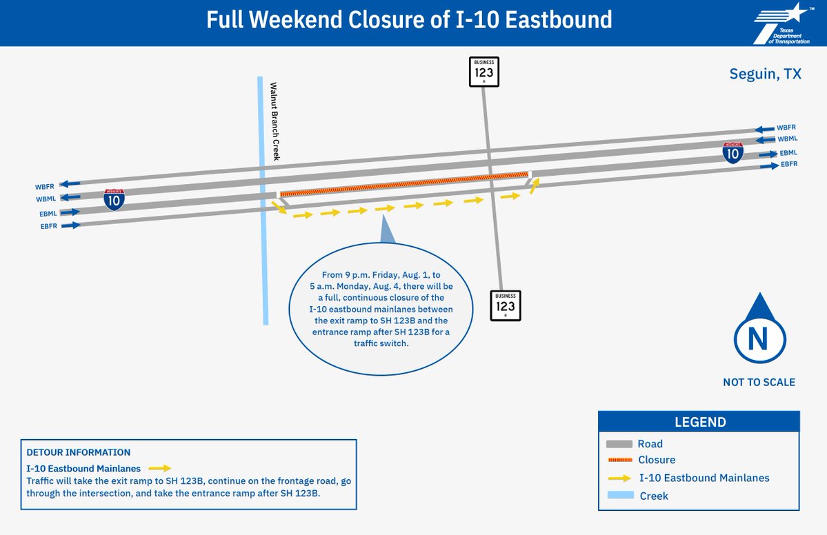 TxDOTSanAntonio's tweet image. I-10 Seguin
HEADS UP: I-10 EB mainlanes will be fully closed from Friday, Aug. 1 at 9 p.m. to Monday, Aug. 4 at 5 a.m. between the exit to SH 123B and the entrance after SH 123B for a traffic switch. #seguintx #guadalupe
