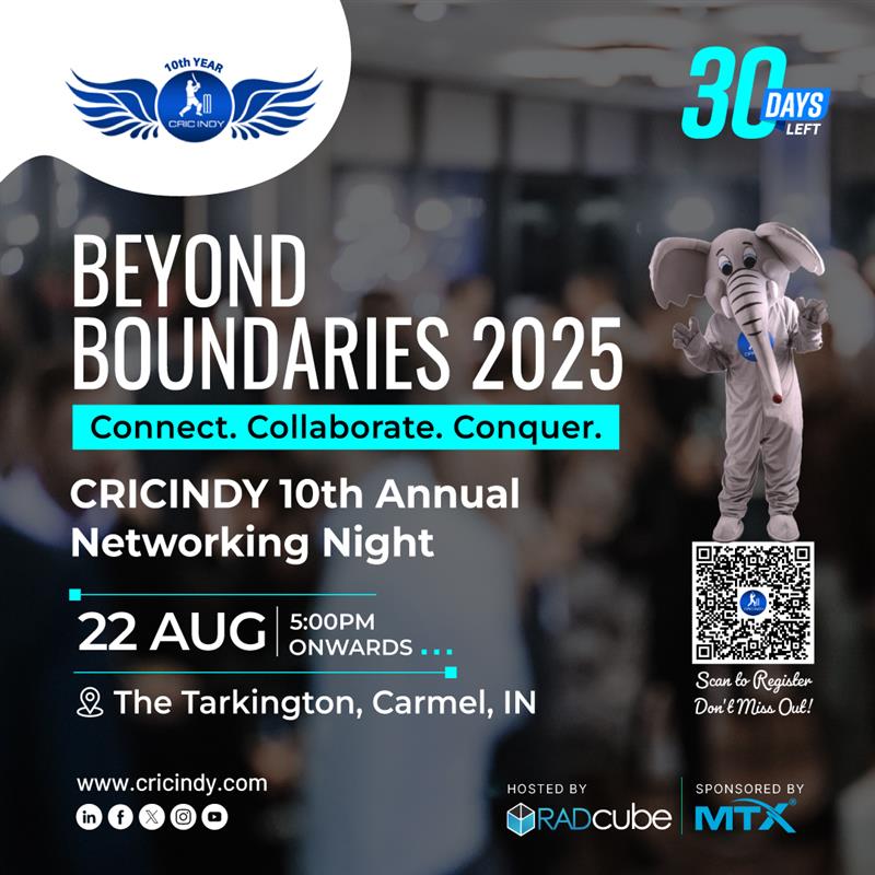 Cricindy2's tweet image. ๐ Celebrating 10 Years of Impact & Community!
Join us for CRICINDYโs Beyond Boundaries 2025 โ Networking Night ๐
๐
Aug 22 | ๐ 5 PM
๐ The Tarkington, Carmel, IN
๐๏ธ RSVP: eventbrite.com/e/beyond-boundโฆ
#CricIndy2025 #BeyondBoundaries2025 #NetworkingNight #10YearsStrong