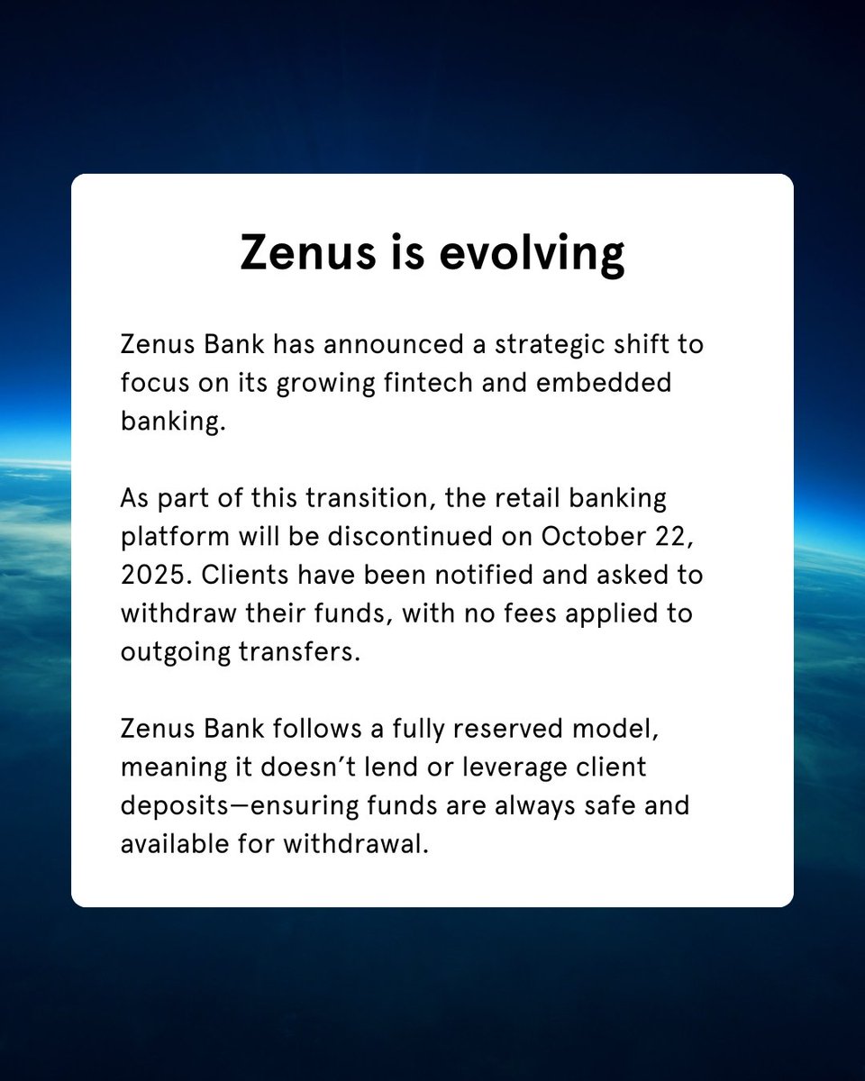 Zenus has announced the strategic decision to discontinue its dedicated retail banking platform and focus on its growing fintech and embedded banking. Retail banking operations will be discontinued on October 22, 2025.  

🔗 Read Zenus Newsroom: bit.ly/4f309Oq