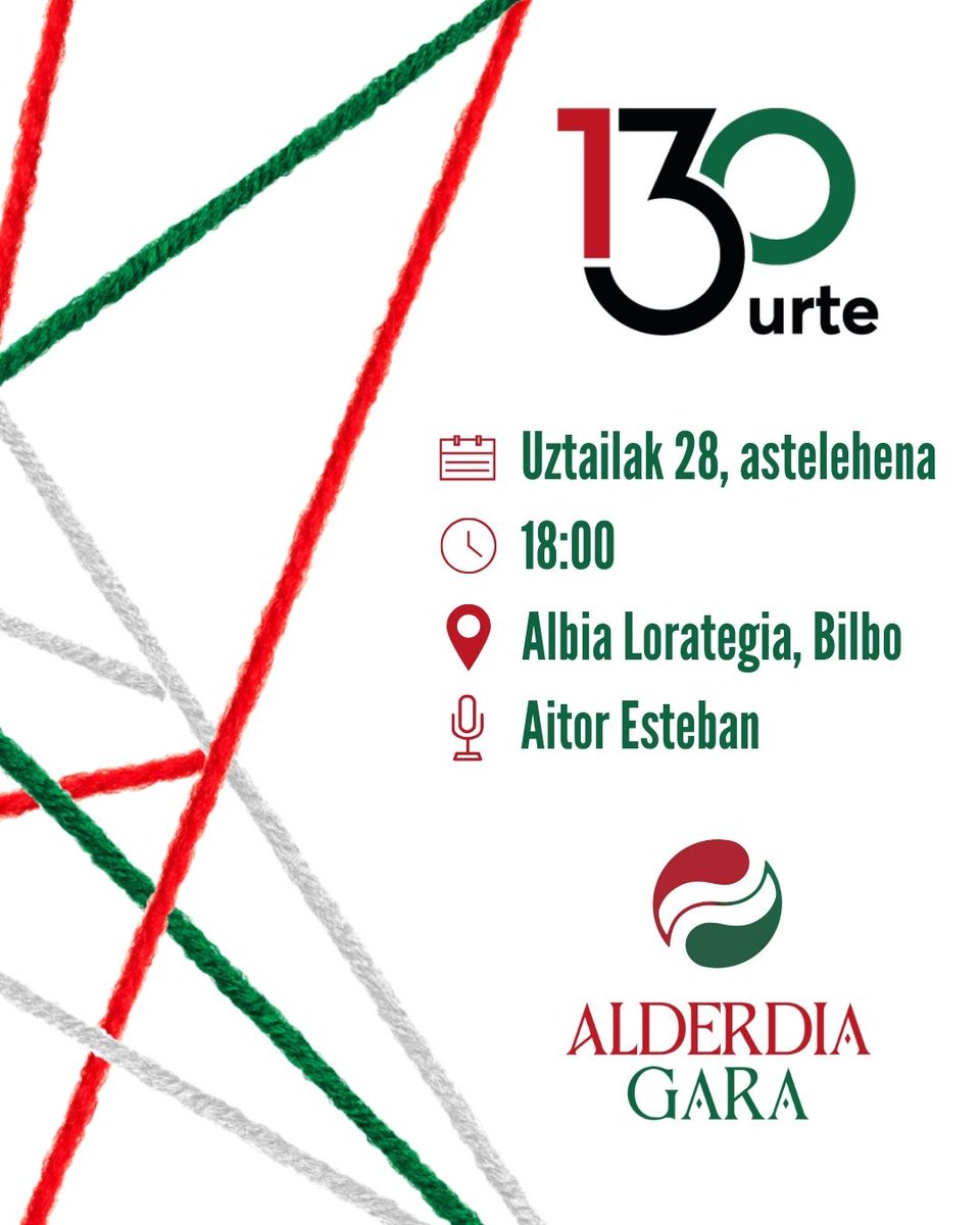 1⃣3⃣0⃣

🟢⚪️🔴 Alderdiaren urteurren borobila ospatzen dugu.

Zatoz‼️