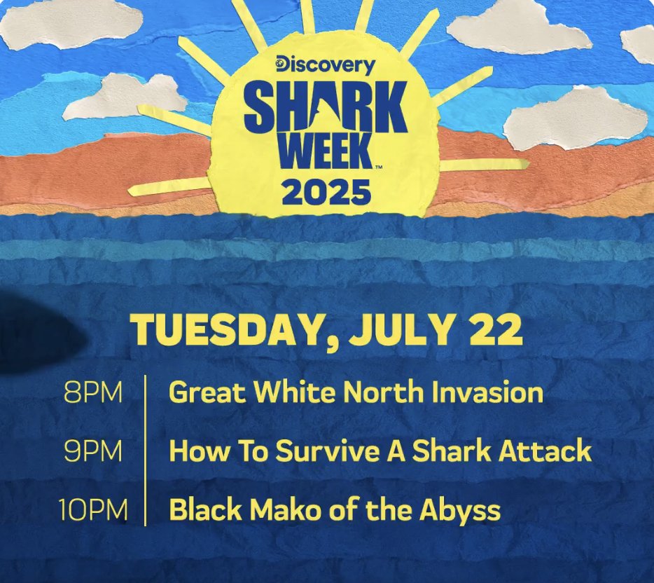 TVTango's tweet image. 🌟IT'S SHARK WEEK! Watch tonight #SharkWeek #SharkWeek2025 @Discovery @SharkWeek 🦈8pm: GREAT WHITE NORTHERN INVASION; 9pm: HOW TO SURVIVE A SHARK ATTACK with @PauldeGelder; 10pm: BLACK MAKO OF THE ABYSS. About/Full Schedule, Photos & More: bit.ly/44Y17H1