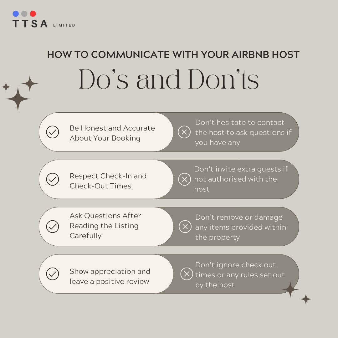 TTSALimited's tweet photo. Staying in an Airbnb?

Before you hit "send" on that message to your host, make sure you're saying the right things.

Here are 4 essential dos ✅ and don’ts ❌ every guest should know to keep things smooth, respectful, and stress-free. https://t.co/tUlV0dN3Cj