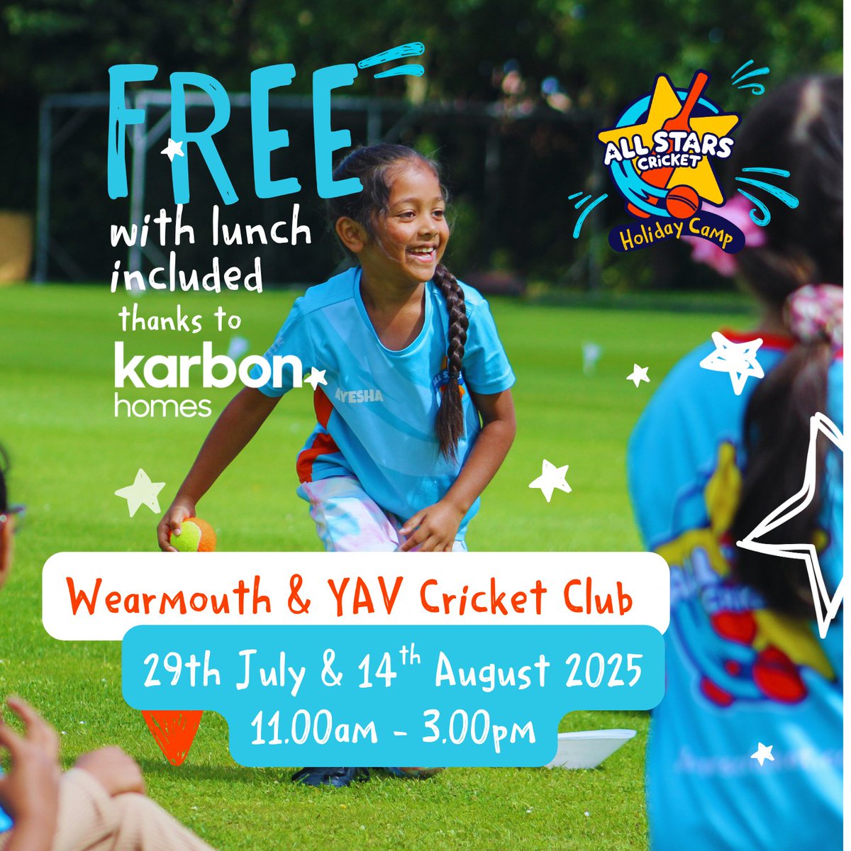 DhamCricketFdn's tweet photo. FREE Cricket Camps for Children Aged 5-8

We’re excited to offer free All Stars Cricket camp thanks to the ECB and free lunches provided by @KarbonHomes

- Boys &amp; girls 5–8
- Free cricket pack (backpack, bat, ball, t-shirt)
- Free healthy lunch

Book➡️ https://t.co/6SdDN4RDEX https://t.co/giruI6Nu6N