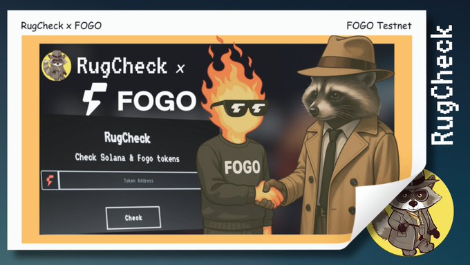 RugCheck and FOGO partnership illustration featuring a raccoon detective shaking hands with a fiery FOGO character