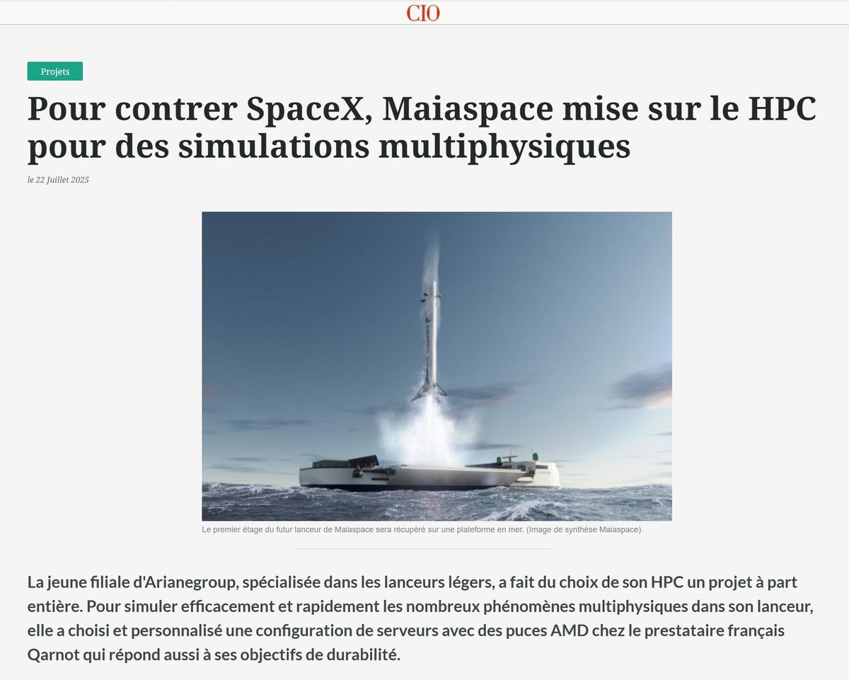 [Presse] La collaboration entre Qarnot et <a href="/MaiaSpaceOff/">MaiaSpace</a>  mise en lumière dans un article de <a href="/CIO_France/">CIO-Online.com</a> !

MaiaSpace a fait le choix de l’infrastructure HPC souveraine et bas-carbone de Qarnot, optimisée par les processeurs AMD EPYC™, pour exécuter ses simulations multiphysiques