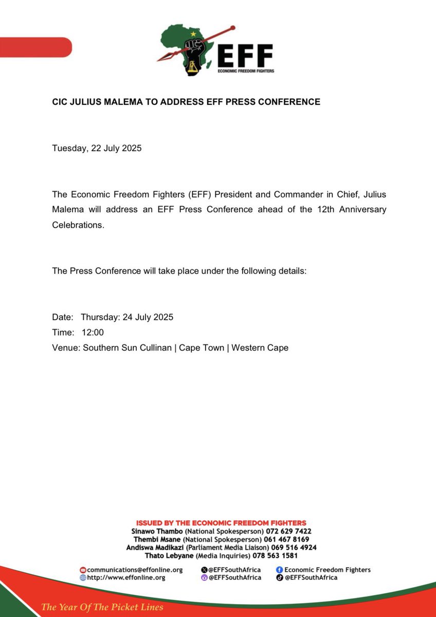 SixoGcilishe's tweet image. President @Julius_S_Malema will address an EFF Presser on Thursday. #EFFTurns12