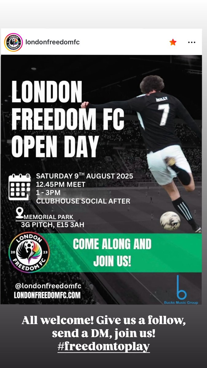 Join us for our Open Day! All are welcome. DM with any questions. <a href="/LondonFreedomFC/">London Freedom Football Club</a> #freedomtoplay