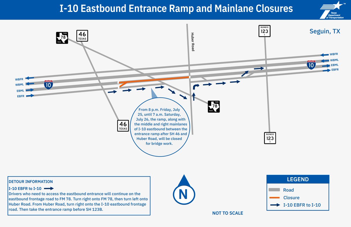 TxDOTSanAntonio's tweet image. I-10 Seguin
HEADS UP: I-10 EB ramp, along with the middle and right mainlanes from the entrance ramp after SH 46 to Huber Road, will be closed from Friday, July 25 at 8 p.m. to Saturday, July 26 at 7 a.m. for bridge work. #seguintx #guadalupe