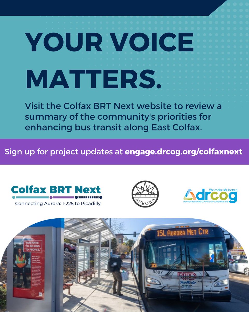 We heard from you! 

Thank you to everyone who shared their thoughts on improving travel along East Colfax from I-225 to E-470. 

Your input is shaping a safer, more reliable and efficient future for bus rapid transit in Aurora.  

Curious what your neighbors had to say? Check