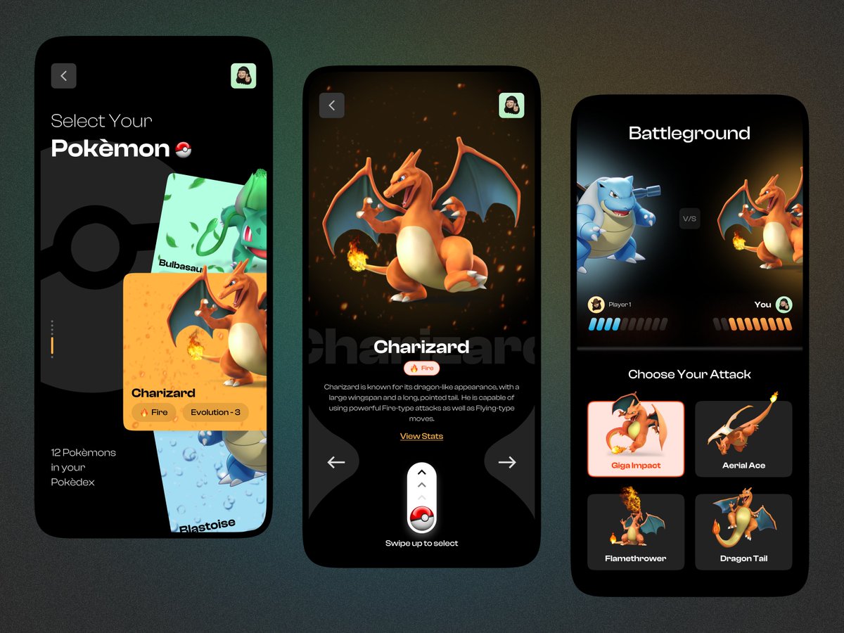 coder_dandriyal's tweet image. Not every UI needs to shout.
Some whisper childhood back into your fingers
This Pokémon UI concept was my attempt at mixing nostalgia with modern clarity and UX and developing clear swipeable character cards, high contrast battleground, and responsive attack tiles, all while…