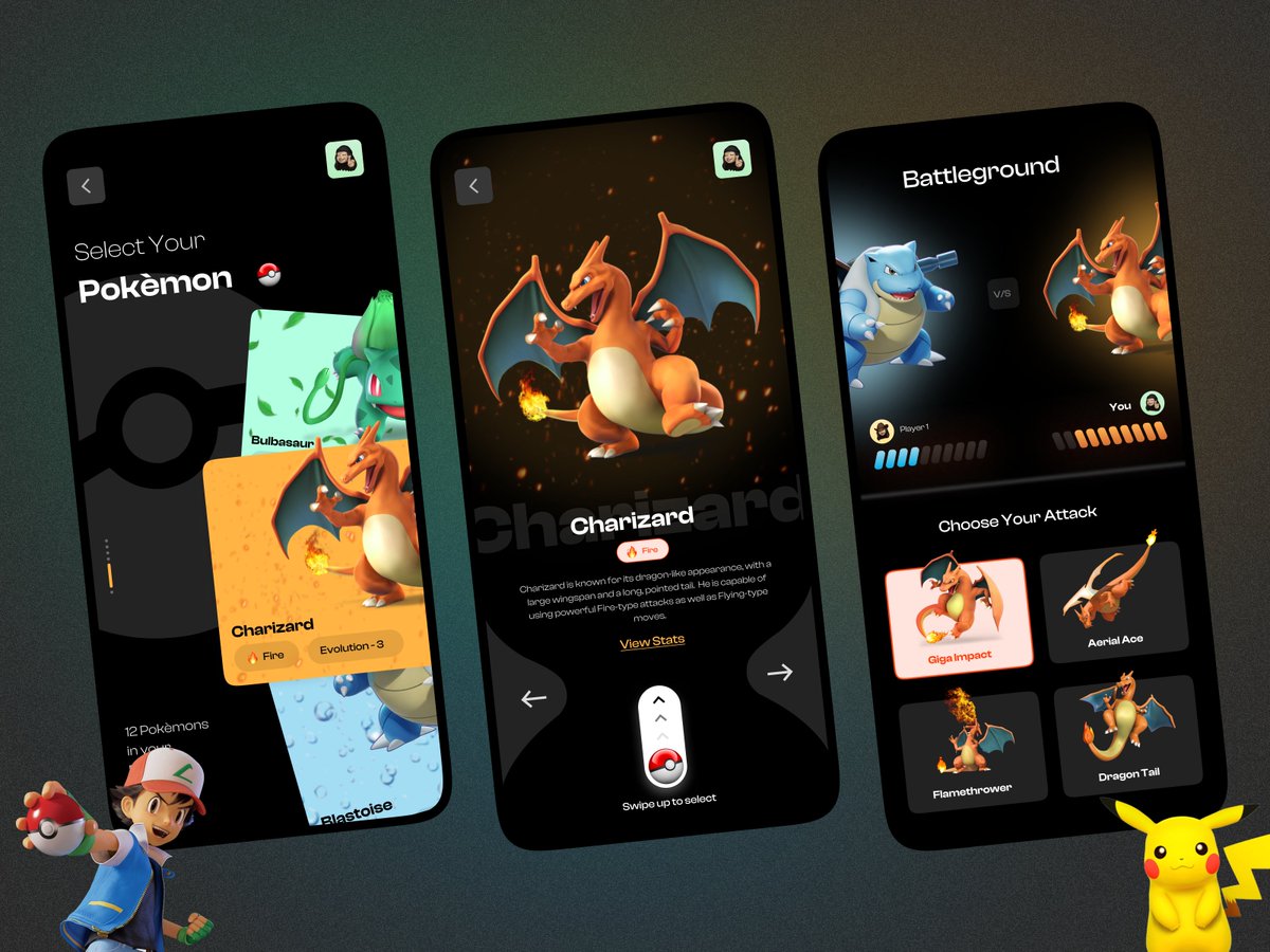 coder_dandriyal's tweet image. Not every UI needs to shout.
Some whisper childhood back into your fingers
This Pokémon UI concept was my attempt at mixing nostalgia with modern clarity and UX and developing clear swipeable character cards, high contrast battleground, and responsive attack tiles, all while…