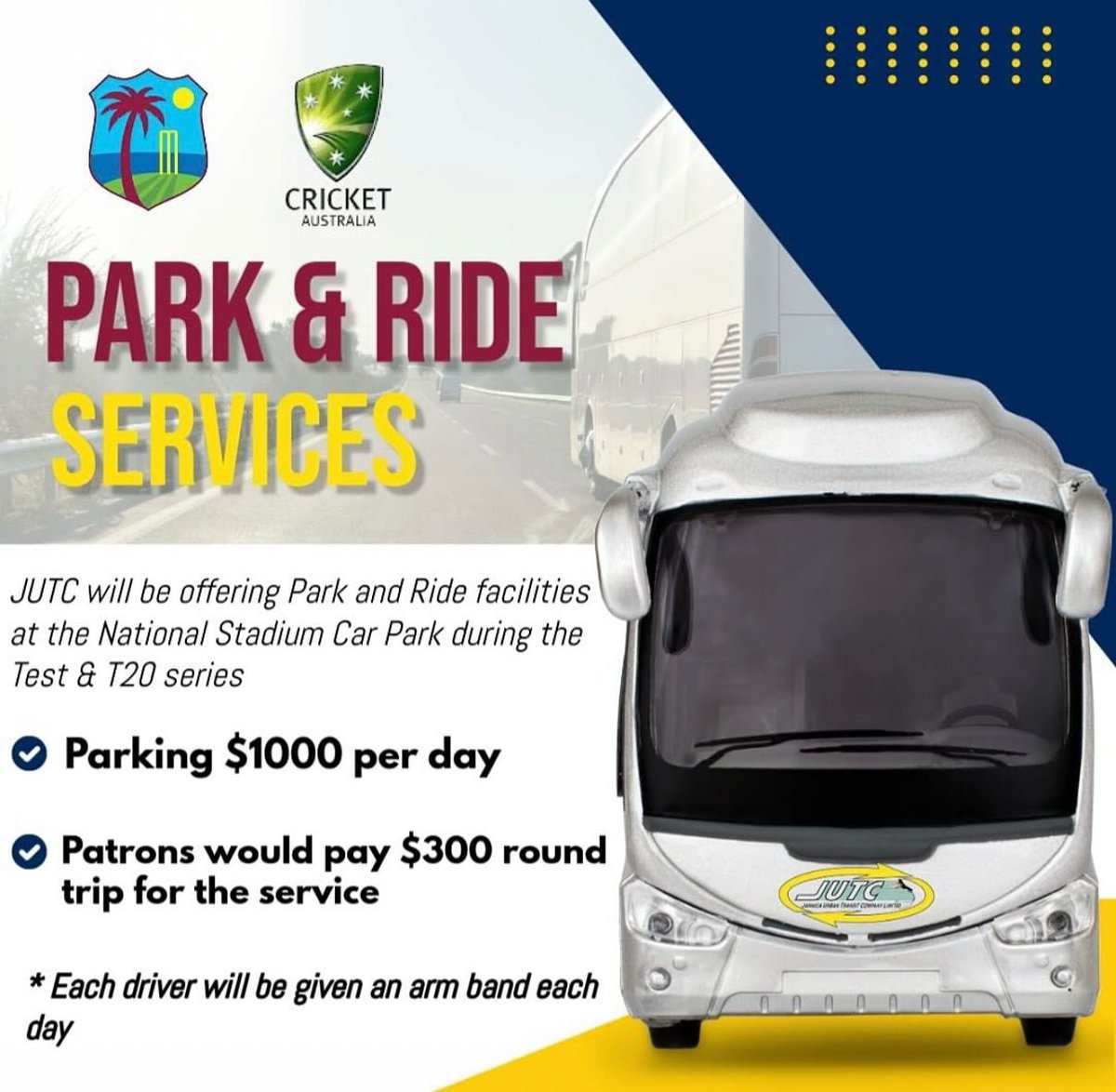 windiescricket's tweet image. Park & Ride Alert!🚍
Avoid traffic stress! Park & Ride available for West Indies vs Australia series.
👍🏾Safe, convenient, and hassle-free transportation from the National Stadium Car Park to the matches 🏟️