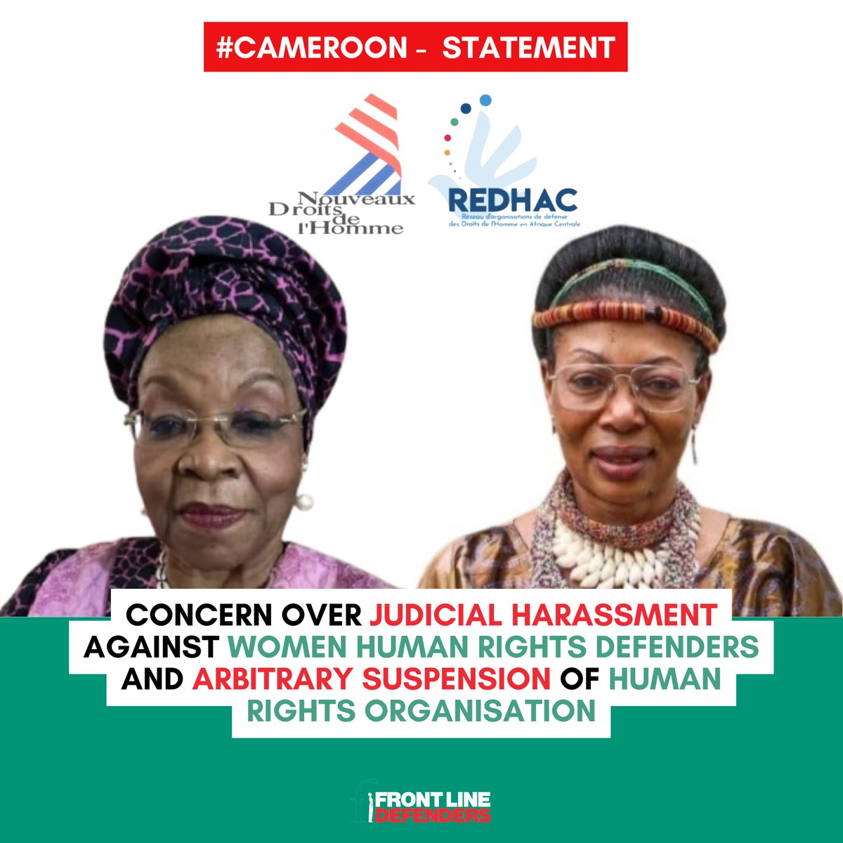 FrontLineHRD's tweet image. #Cameroon
Front Line Defenders strongly condemns the systematic harassment of HRDs, and suspension of organisations supporting HRDs in Cameroon.
We call on Cameroonian authorities to drop the charges against WHRDs Maximilienne Ngo Mbe and Alice Nkom, as they are being…
