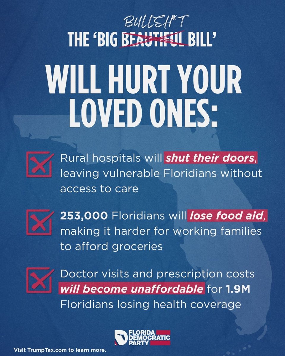 FlaDems's tweet image. In his first 6 months in office, Trump launched a budget that rips money, aid, and healthcare from working Floridians to give tax breaks to billionaires.
In the middle of an ongoing affordability and insurance crisis, Florida Republicans betrayed their constituents to pass it.