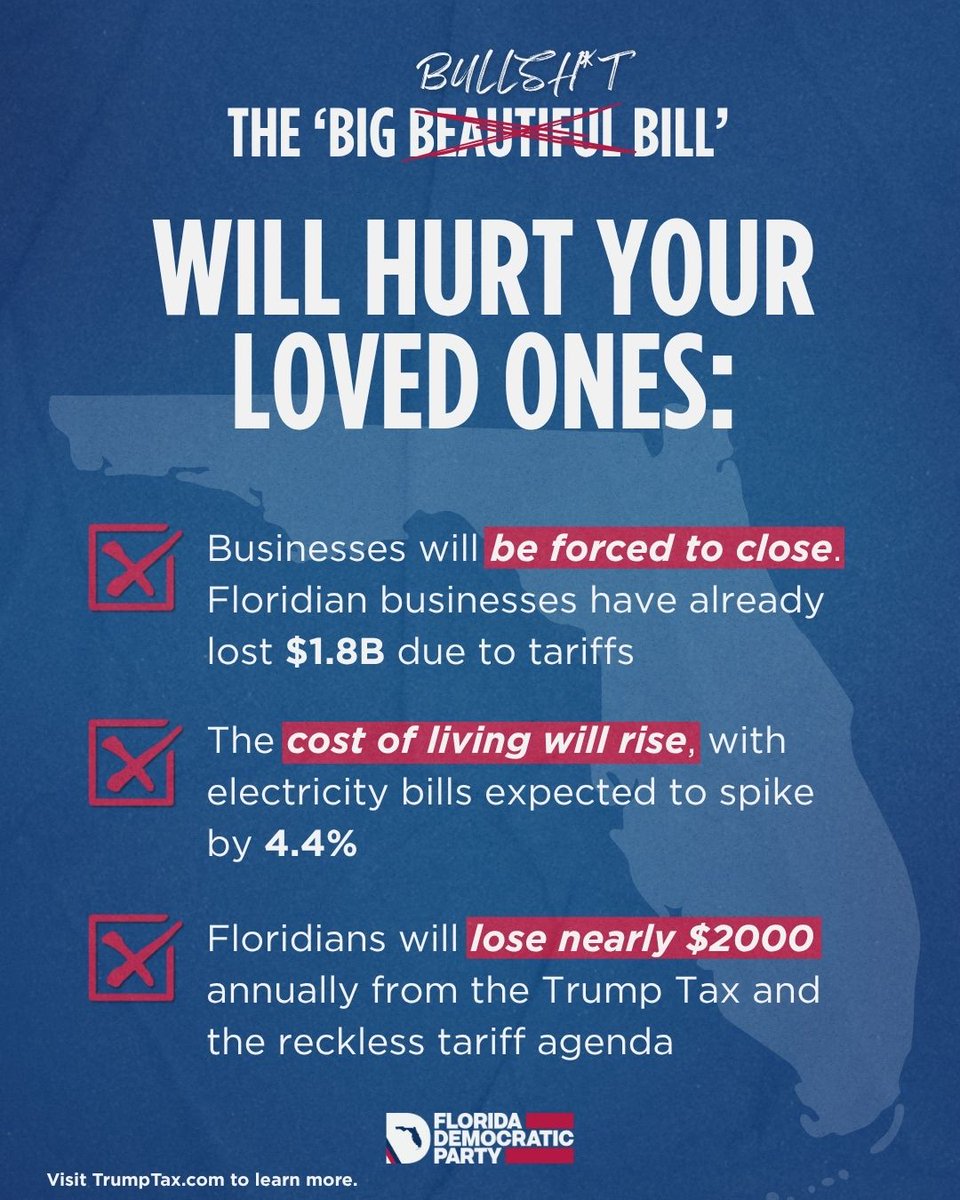 FlaDems's tweet image. In his first 6 months in office, Trump launched a budget that rips money, aid, and healthcare from working Floridians to give tax breaks to billionaires.
In the middle of an ongoing affordability and insurance crisis, Florida Republicans betrayed their constituents to pass it.
