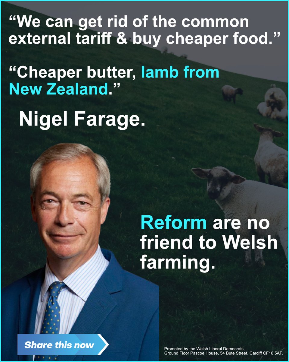 LibDemDavid's tweet image. With Nigel Farage at the Royal Welsh Show today, its worth remembering this is the man who said more lamb from New Zealand was an opportunity and supports idea of selling US chlorine-washed chicken in UK.
Reform are no friend to Welsh farming.