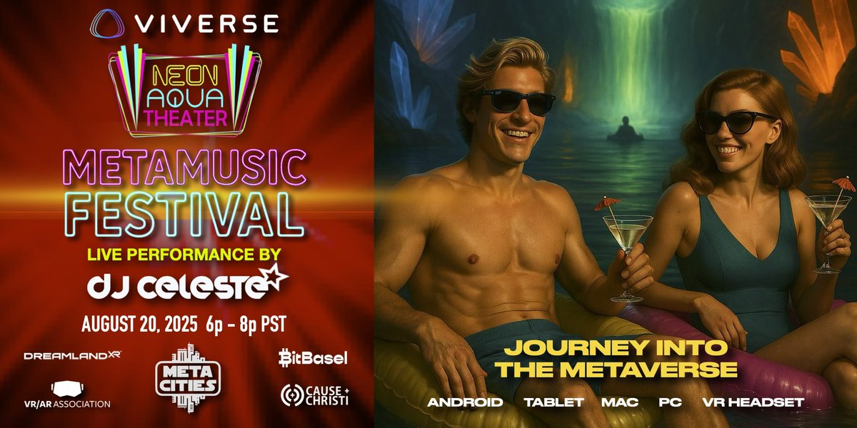 MetaCities (@metacitiesxr) on Twitter photo SAVE THE DATE! Aug 20, 6-8p PT: MetaMusic Fest debuts at the Neon Aqua Theater inside <a href="/VIVERSEofficial/">VIVERSE Official</a> featuring a live performance by award winning artist, DJ Celeste! Ride the Neon Falls Lazy River and enjoy virtual cocktails by the pool! 21+ FREE RSVP:
MetaCitiesXR.com SAVE THE DATE! Aug 20, 6-8p PT: MetaMusic Fest debuts at the Neon Aqua Theater inside <a href="/VIVERSEofficial/">VIVERSE Official</a> featuring a live performance by award winning artist, DJ Celeste! Ride the Neon Falls Lazy River and enjoy virtual cocktails by the pool! 21+ FREE RSVP:
MetaCitiesXR.com