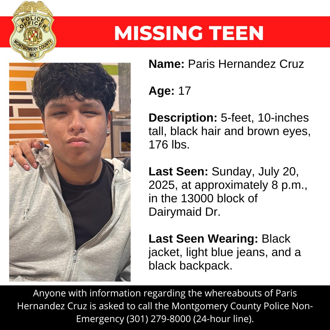 mcpnews's tweet image. Detectives from the Montgomery County Department of Police – Special Victims Investigations Division are asking for the public’s assistance in locating Paris Hernadez Cruz, a missing 17-year-old.
www2.montgomerycountymd.gov/mcgportalapps/…
#MCPNews #MCPD #MissingPerson