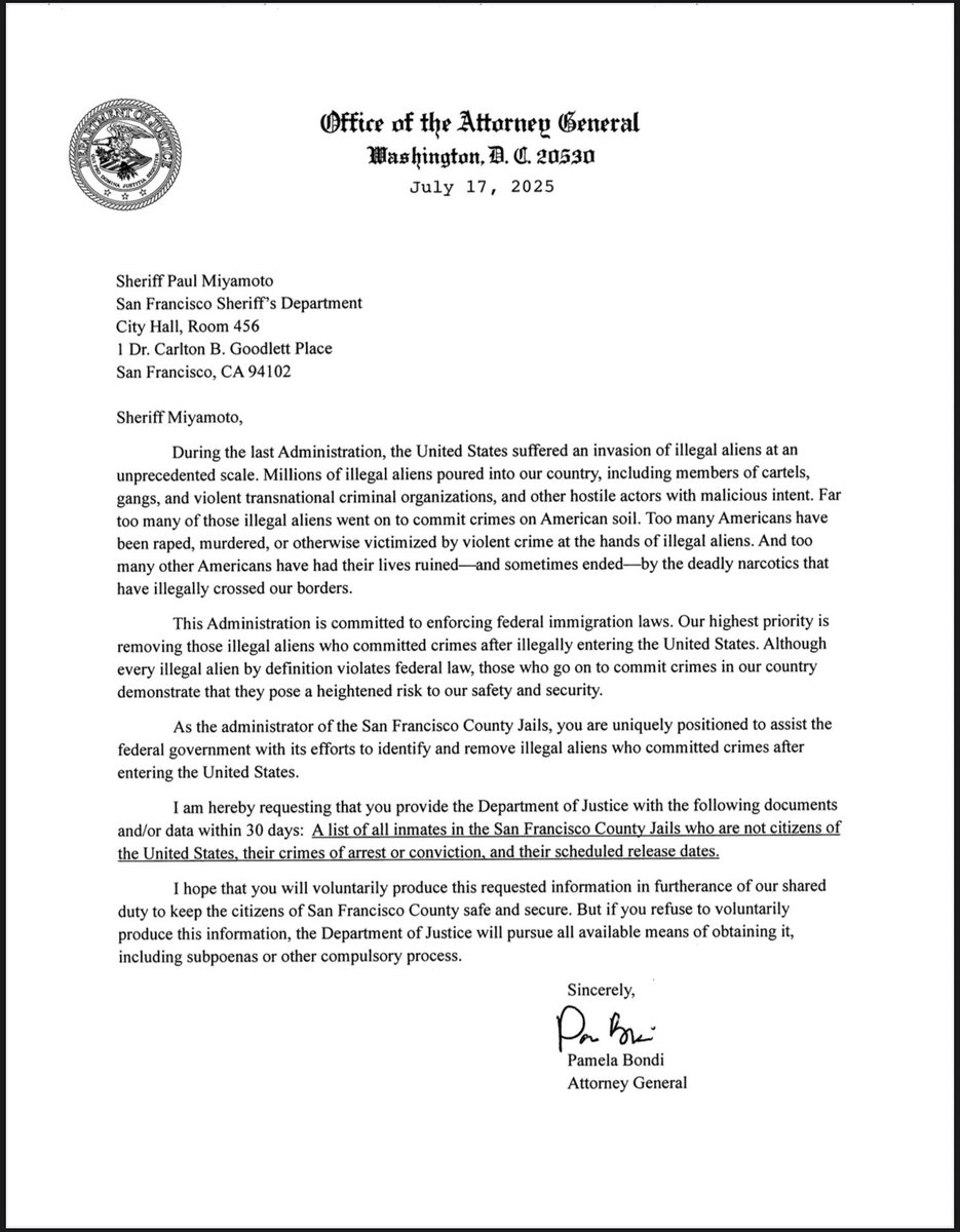 ChadGilmartinCA's tweet image. READ: @AGPamBondi sent letters to sheriffs across the State of California demanding lists of illegal alien inmates, their crimes, convictions—and their release dates
The Trump Administration is committed to enforcing federal immigration law
@LASDHQ @RSO @SDSheriff @SheriffSF