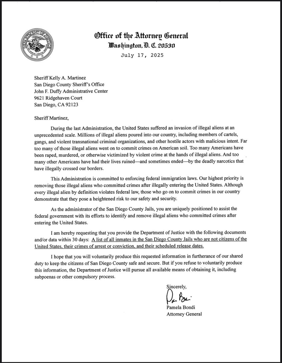 ChadGilmartinCA's tweet image. READ: @AGPamBondi sent letters to sheriffs across the State of California demanding lists of illegal alien inmates, their crimes, convictions—and their release dates
The Trump Administration is committed to enforcing federal immigration law
@LASDHQ @RSO @SDSheriff @SheriffSF