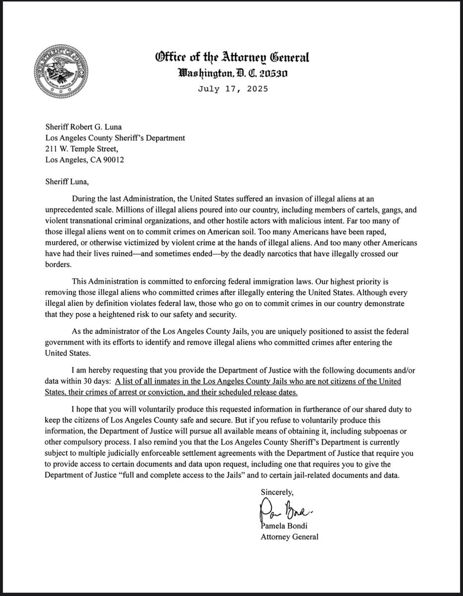 ChadGilmartinCA's tweet image. READ: @AGPamBondi sent letters to sheriffs across the State of California demanding lists of illegal alien inmates, their crimes, convictions—and their release dates
The Trump Administration is committed to enforcing federal immigration law
@LASDHQ @RSO @SDSheriff @SheriffSF
