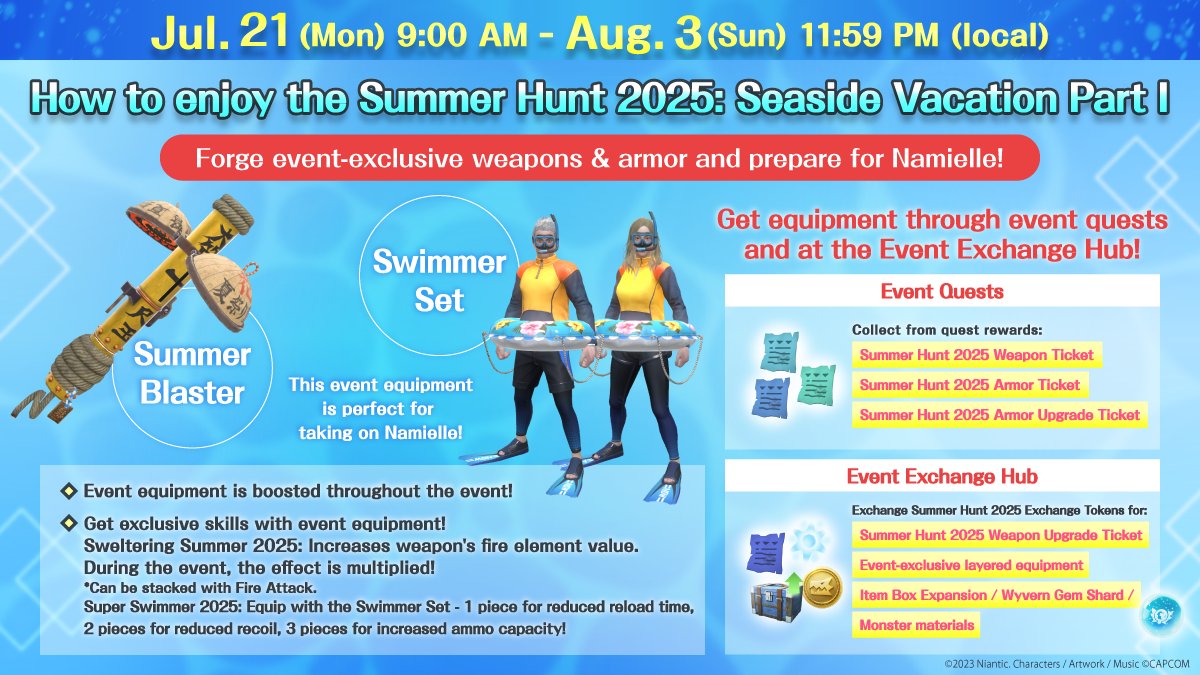 MH_Now_EN's tweet image. 🌊 #MHNowSummerHunt2025 Seaside Vacation 🌊

Don&apos;t miss your chance to collect summery layered equipment 🌟

Use your beach-themed exclusive weapons and armor to take on the mighty Namielle! 🔥

#MHNow #monsterhunternow