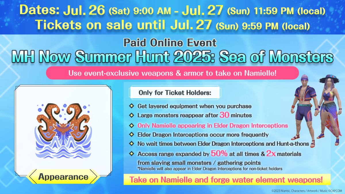 MH_Now_EN's tweet image. 🌊 #MHNowSummerHunt2025 Seaside Vacation 🌊

Don&apos;t miss your chance to collect summery layered equipment 🌟

Use your beach-themed exclusive weapons and armor to take on the mighty Namielle! 🔥

#MHNow #monsterhunternow
