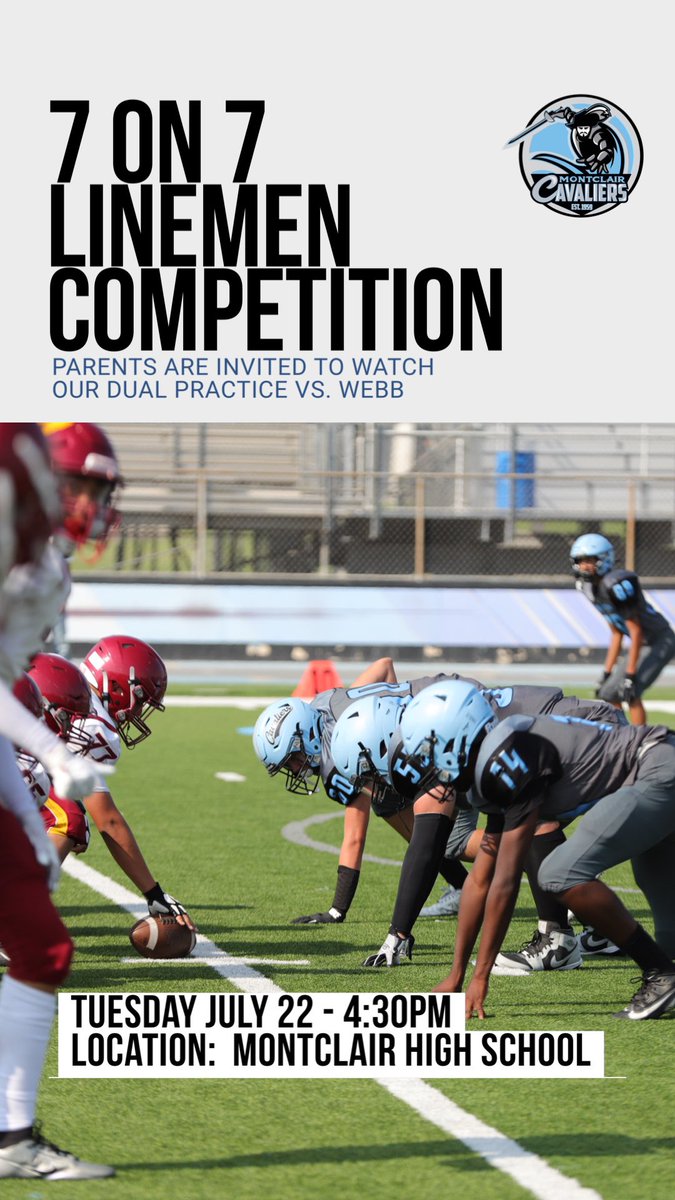 @MHSCAVFBALL (@mhscavfball) on Twitter photo Great day to compete! Parents welcome to come and support our players as we compete in a 7 on 7 Lineman Competition. Play will begin at 4:30 PM. #AMPT #1TEAM1CITY <a href="/CoachGomez91/">Tony Gomez</a> <a href="/CoachArroyo34/">Andrew Arroyo</a> <a href="/cavcrazies/">Montclair Athletics</a> <a href="/coachleon92/">NOAH LEON</a> @mil_ticket310 <a href="/okjosh/">Josh Ramirez</a> Great day to compete! Parents welcome to come and support our players as we compete in a 7 on 7 Lineman Competition. Play will begin at 4:30 PM. #AMPT #1TEAM1CITY <a href="/CoachGomez91/">Tony Gomez</a> <a href="/CoachArroyo34/">Andrew Arroyo</a> <a href="/cavcrazies/">Montclair Athletics</a> <a href="/coachleon92/">NOAH LEON</a> @mil_ticket310 <a href="/okjosh/">Josh Ramirez</a>