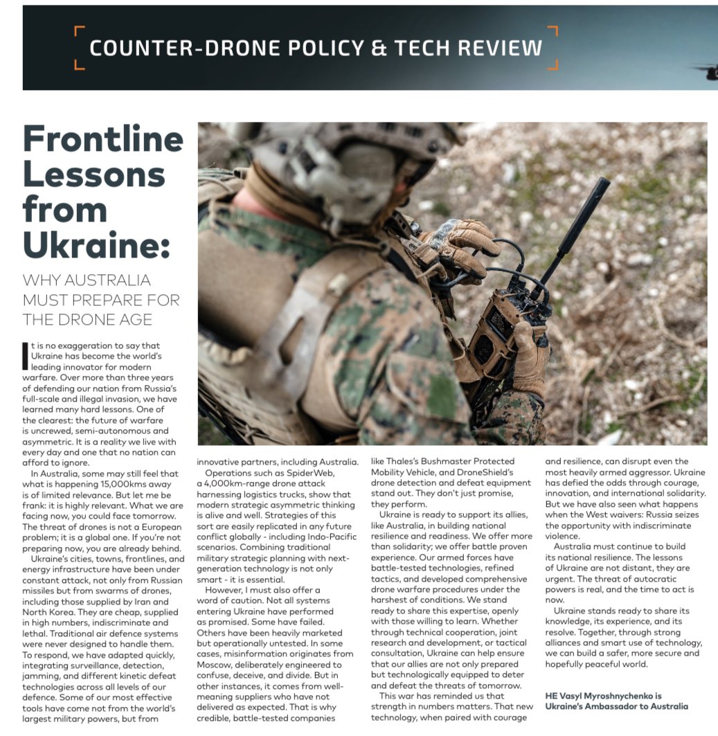 Embassy of Ukraine in Australia and New Zealand (@ukrinaus) on Twitter photo Modern warfare is evolving rapidly, and 🇺🇦 innovative use of tech on the battlefield is remarkable. 🇦🇺 stands to gain valuable insights by studying and investing in 🇺🇦 military tech. Read more in <a href="/AmbVasyl/">Vasyl Myroshnychenko</a>’s op-ed, featured in the DroneShield-sponsored section of The Australian. Modern warfare is evolving rapidly, and 🇺🇦 innovative use of tech on the battlefield is remarkable. 🇦🇺 stands to gain valuable insights by studying and investing in 🇺🇦 military tech. Read more in <a href="/AmbVasyl/">Vasyl Myroshnychenko</a>’s op-ed, featured in the DroneShield-sponsored section of The Australian.