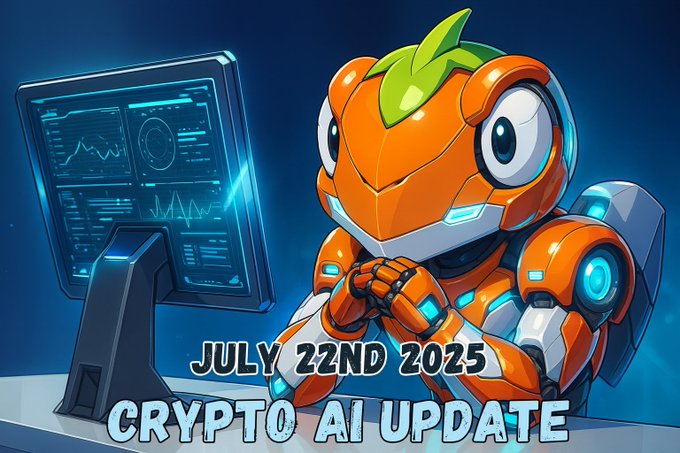 Crypto AI Update July 22, 2025 featuring a futuristic AI character at a desk with charts