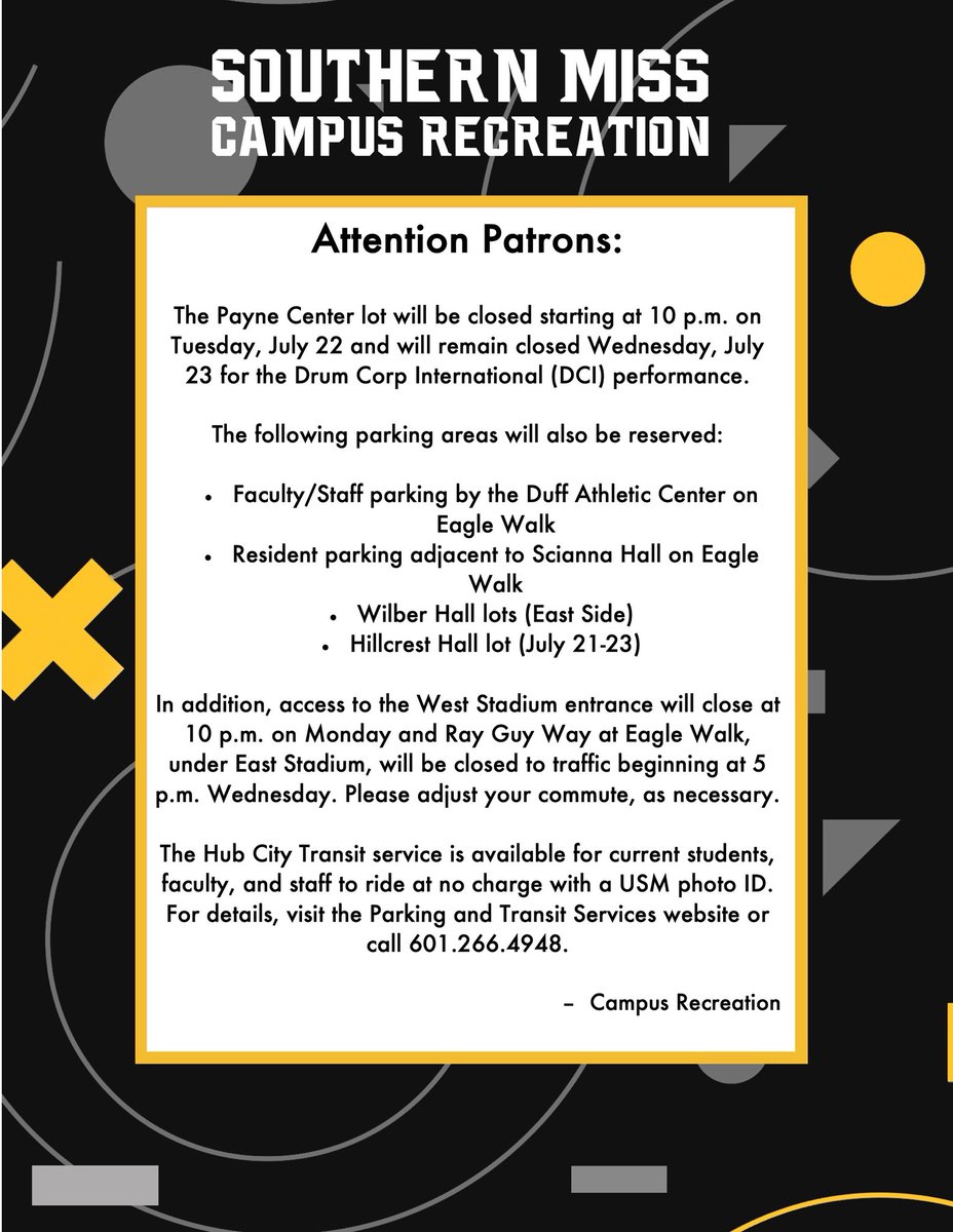 Attention Patrons: The Payne Center lot will be closed for the DCI performance beginning Tuesday, July 22 at 10 p.m. and will remain closed Wednesday, July 23. Please adjust your commute accordingly on these days.