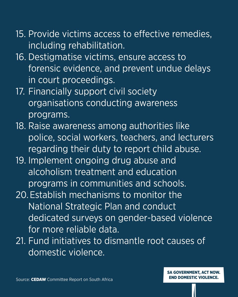 In 2019, CEDAW visited SA.
They found systemic failures to protect women.
They gave the State 21 recommendations.
In 2025, we ask: how many have been fulfilled?

Stay tuned…

Repost and tag those in power!

<a href="/DOJCD_ZA/">The DoJ & CD</a> 
<a href="/SAPoliceService/">SA Police Service 🇿🇦</a> 
<a href="/PresidencyZA/">The Presidency 🇿🇦</a> 
<a href="/ParliamentofRSA/">Parliament of RSA</a>