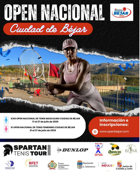 🎾 ¡Vuelve el tenis a lo grande a Béjar!
Del 17 al 27 de julio de 2025 se celebra el XXIII Open Nacional de Tenis Masculino y el XI Open Nacional de Tenis Femenino, con lo mejor del circuito nacional en un entorno espectacular

🏆 ¡No te lo puedes perder!