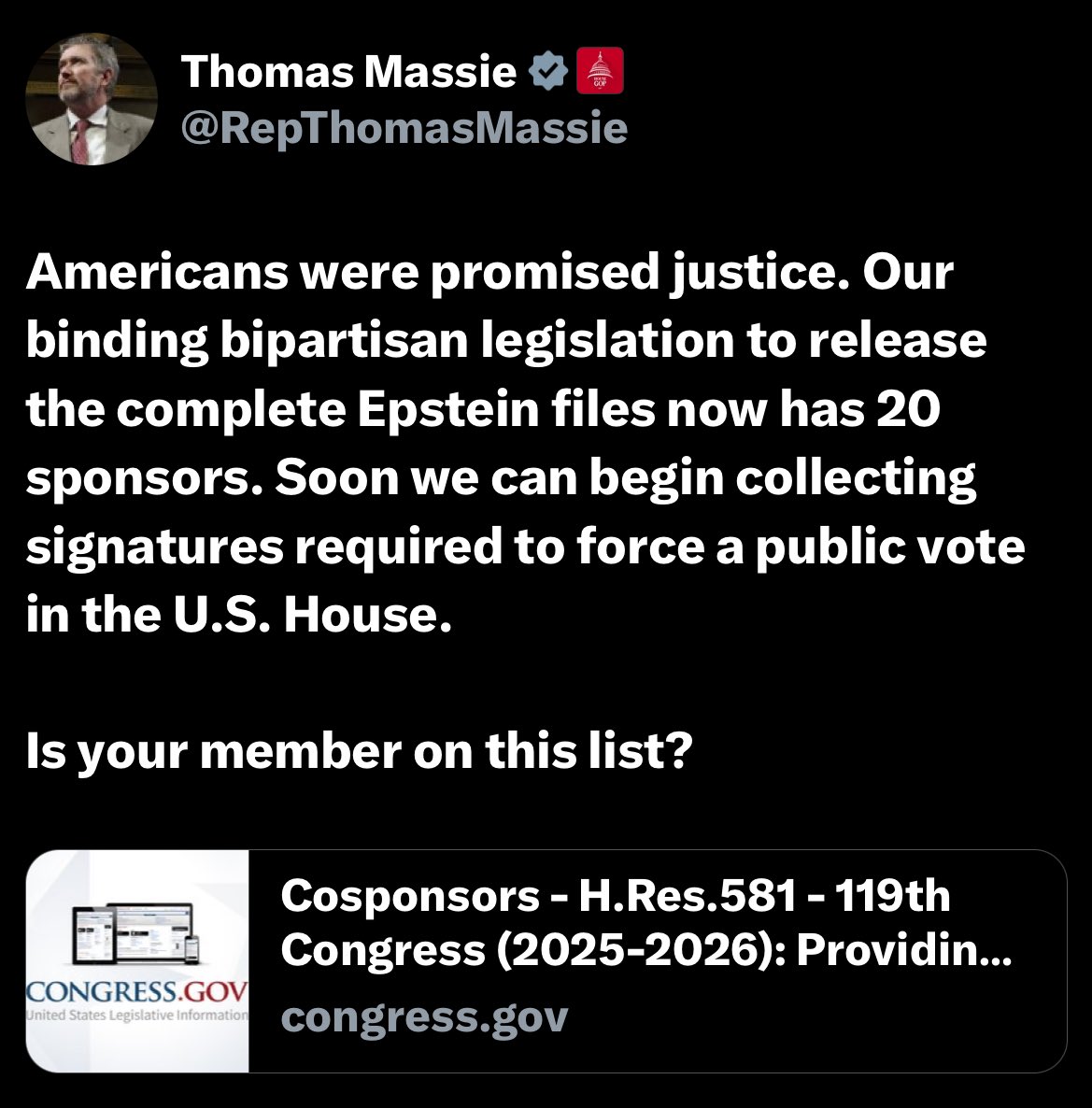 I agree with <a href="/RepThomasMassie/">Thomas Massie</a>.
Have you checked the list?

congress.gov/bill/119th-con…