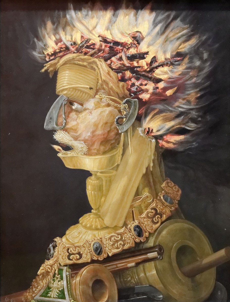 StephenGeoRae's tweet image. The Four Elements聽are a series of four oil paintings by the Italian artist聽Giuseppe Arcimboldo聽in 1566
Air聽- represented by birds
Fire聽- burning wood and cannons
Earth聽- land animals
Water聽- marine creatures