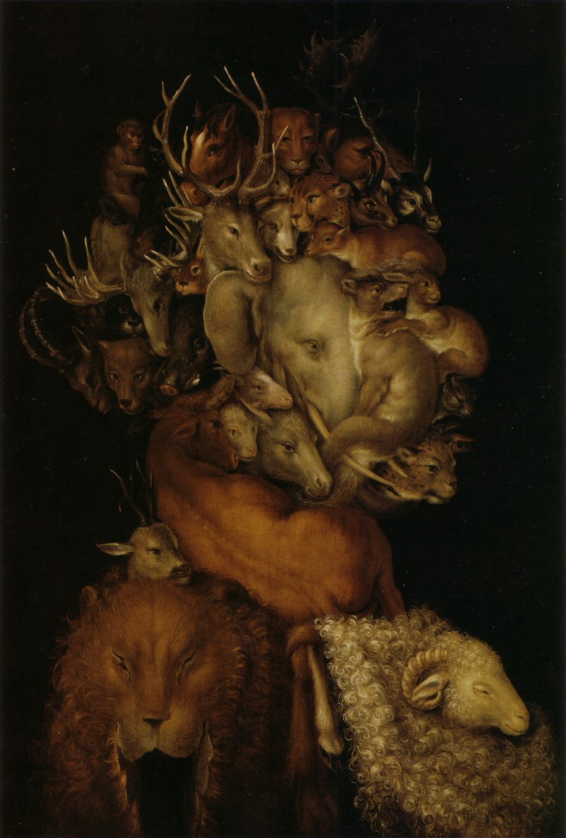 StephenGeoRae's tweet image. The Four Elements聽are a series of four oil paintings by the Italian artist聽Giuseppe Arcimboldo聽in 1566
Air聽- represented by birds
Fire聽- burning wood and cannons
Earth聽- land animals
Water聽- marine creatures