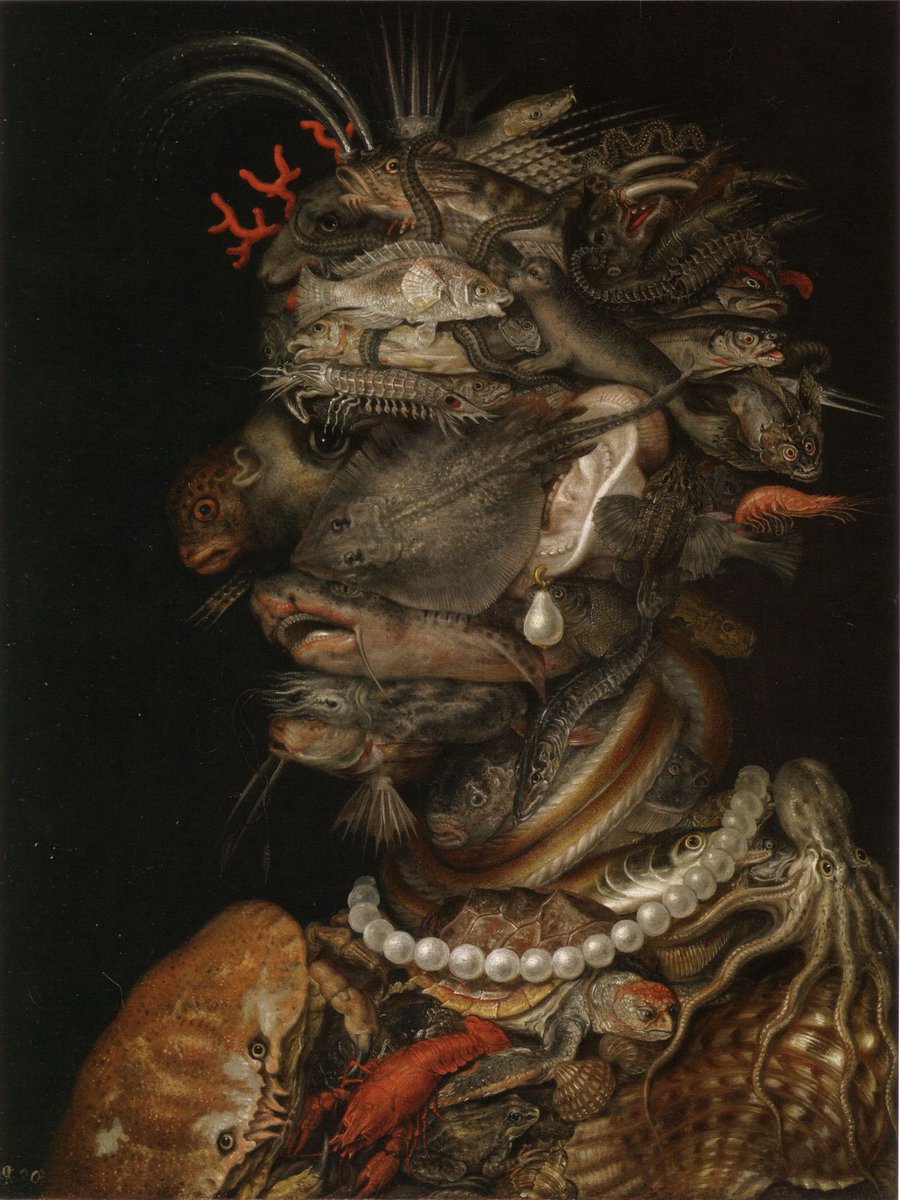 StephenGeoRae's tweet image. The Four Elements聽are a series of four oil paintings by the Italian artist聽Giuseppe Arcimboldo聽in 1566
Air聽- represented by birds
Fire聽- burning wood and cannons
Earth聽- land animals
Water聽- marine creatures