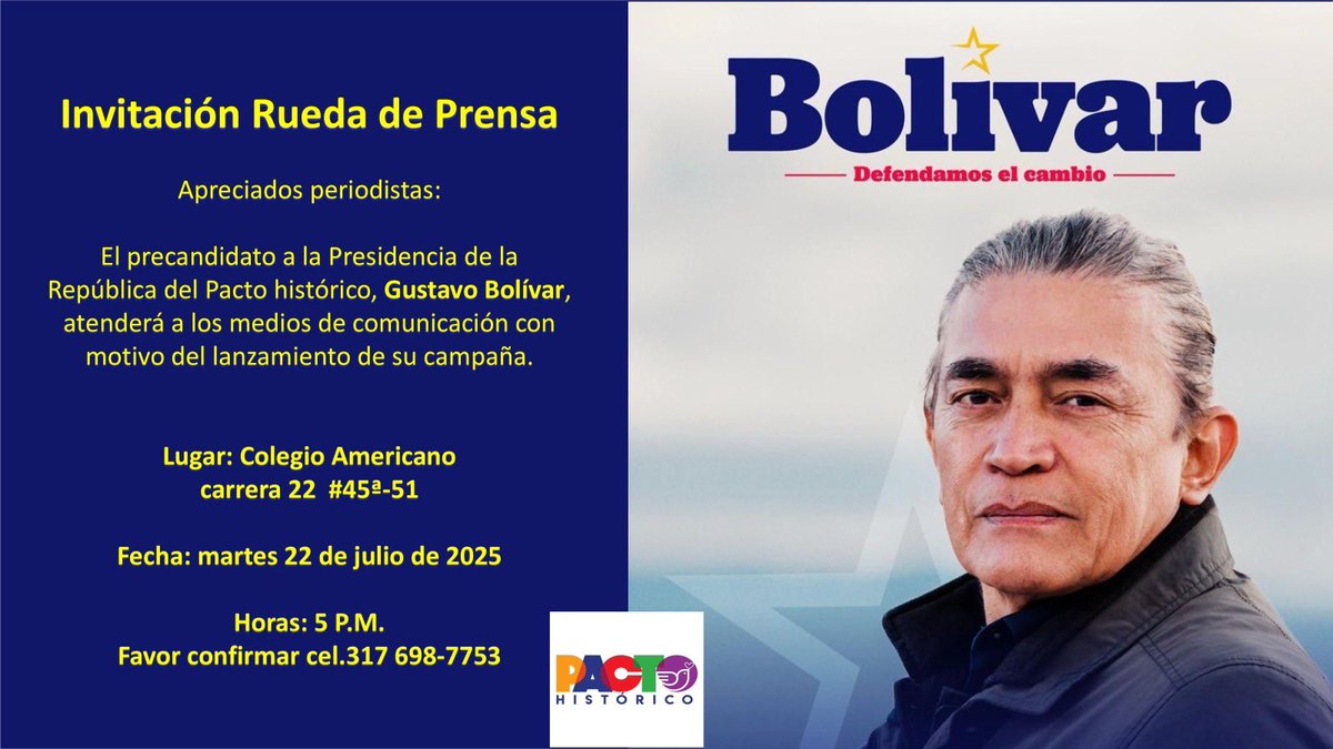 GustavoBolivar's tweet image. Estimados periodistas independientes, de medios masivos y de medios alternativos, les invito a la rueda de prensa con motivo del lanzamiento de mi campaña a la consulta del Pacto Histórico.
Son bienvenidos y bienvenidas.
Favor RT