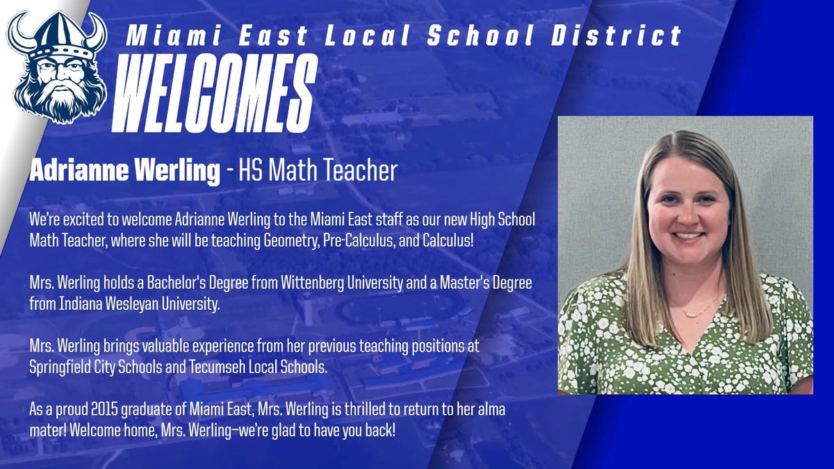 We are extremely excited to welcome Mrs. Werling to MEHS. 
She is a 2015 graduate of MEHS. 
Once a Viking, always a Viking!